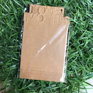 Macro view of a kraft paper ONE MONTH milestone photo card on a green lawn background
