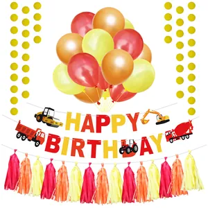 Construction party decor set with Happy Birthday banner and construction vehicle balloons