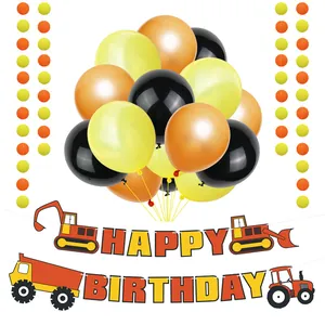 Construction excavator happy birthday party banner with black and orange balloons