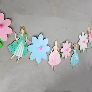 Prinses Papier Banner Slinger Met 3D Karton Bloemen En Pompons Voor Kinderen Verjaardagsfeest Baby Shower Decoratie