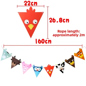 Cartoon animal party bunting banner with bear, owl and pig flags, 2m length for birthday decor