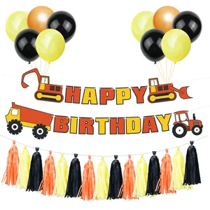 Construction themed Happy Birthday banner with excavator patterns and orange balloons