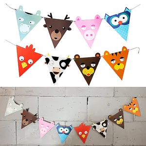 Cartoon animal triangle bunting banner with bear owl and tiger for kids birthday party decor