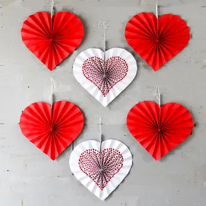 Romantic Heart Shaped Paper Fan Set Red White Pleated Paper Hanging Ornaments For Valentine's Day Wedding Birthday Party Home Decor