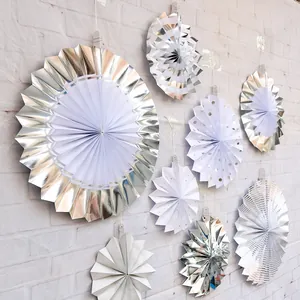 Set of 8 silver and white party paper fans with metallic foil dots and stripes for wall decor