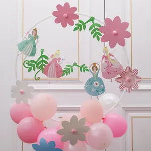 Prinsessenfeest decoratie met 3D papieren bloemen en roze witte ballonnen set