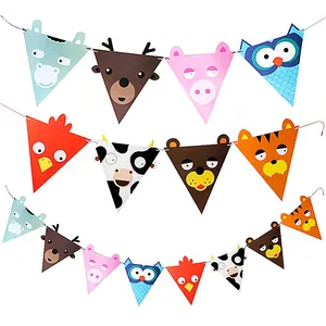 Close-up of colorful cartoon animal triangle bunting banners for birthday party decoration