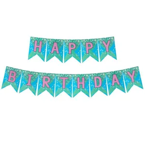 Mermaid theme Happy Birthday banner with teal fish scales and pink lettering