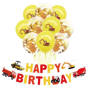 Construction Vehicle Birthday Party Decoration Theme Happy Birthday Banner Excavator Tractor Balloons Tassel For Kids Party