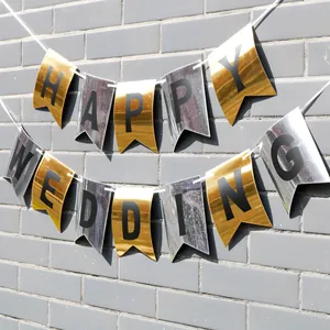 Metallic gold and silver Happy Wedding swallowtail banner for party wall decoration