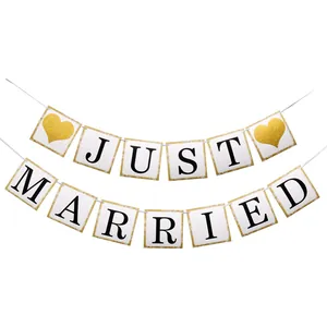 Just Married heart banner with glitter gold edges for wedding party wall decoration