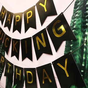 Gold foil Happy Fucking Birthday banner with black swallowtail cards for party decor