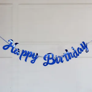 Glänzendes blaues Happy Birthday Banner in Schreibschrift mit Spiegel-Effekt für Partys