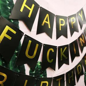 Black and gold Happy Fuckin Birthday banner for humorous party wall decoration