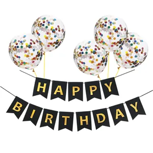 Happy Birthday party set with black gold foil banner and 5 colorful confetti balloons