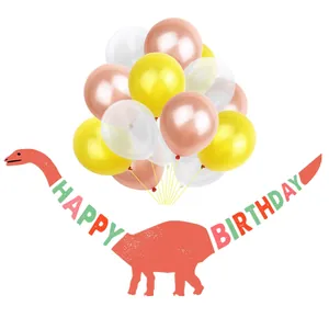 Dinosaur birthday banner detail with orange long neck dino and colorful party balloons