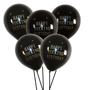 5-piece set of black latex balloons with gold Happy Fucking Birthday foil text