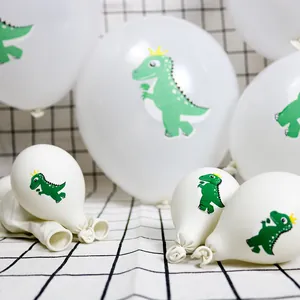 Ballon de fête en latex blanc 12 pouces avec motif dinosaure vert mignon et couronne