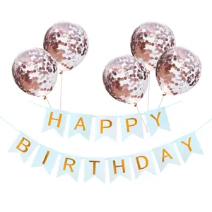 Blue Happy Birthday banner with metallic gold lettering and rose gold confetti balloons