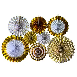 Eight-piece gold and white paper fans set with various patterns for party decoration