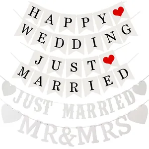 Just Married Happy Wedding Banner Romantic Heart Garland Paper Bunting For Wedding Ceremony Engagement Proposal Party Decoration