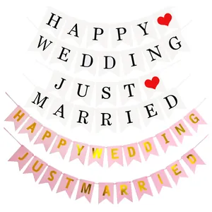 Just Married and Happy Wedding banner set in white and pink for wedding party decor