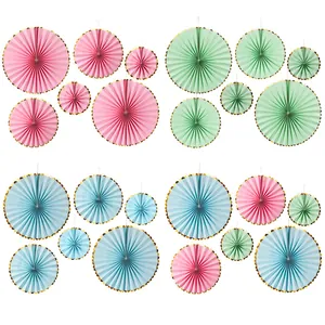 Macaron Paper Fan Flower Decoration Set With Gold Foil Edges For Wedding Birthday Party Background Wall Hanging Decor