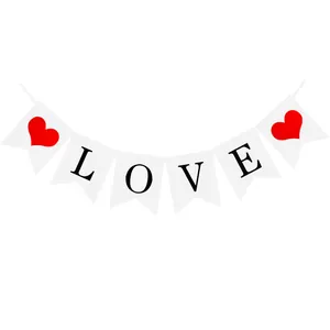 Wedding party bunting banner with white swallowtail flags featuring LOVE text and red hearts