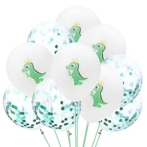 12-inch green dinosaur print latex balloons and green confetti balloons for birthday party