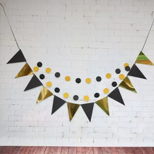Black and gold triangle bunting set with glittery circle garlands for party wall decoration