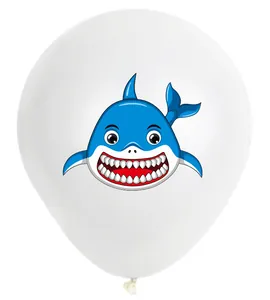 Detail of white 12-inch latex balloon with a blue cartoon shark print for party decor