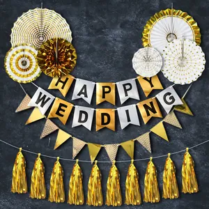 6-piece gold and white paper fan set with Happy Wedding banner for party decorations