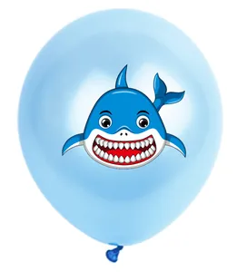 Detail of 12-inch light blue latex balloon with cute cartoon shark print for party decor