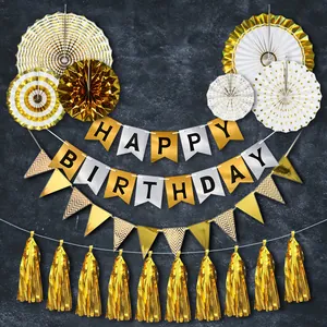 6-piece gold and silver paper fan set with Happy Birthday banner and fringe tassels