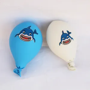 Detail of 12-inch shark printed latex balloons for ocean themed birthday party decor