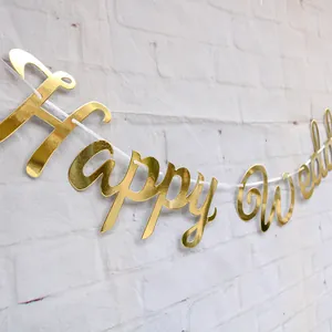 Banderole Happy Wedding dorée miroir pour décoration murale élégante et fond de fête