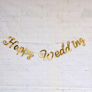 Bannière en Papier Miroir Happy Wedding Écriture Or Métallisé Décoration Suspendue pour Mariage et Fête Avec Ruban