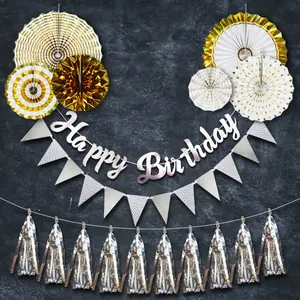 6-piece gold foil paper fan set with Happy Birthday banner and silver fringe decor