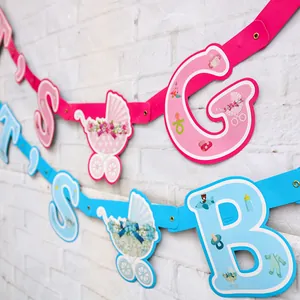 Striscione per baby shower con bandierine rosa 'Girl' e blu 'Boy' e icone