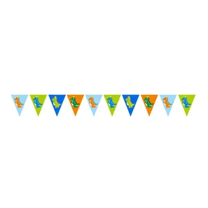 Détail d'une guirlande de fanions dinosaures colorés pour décoration d'anniversaire