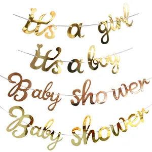Striscione Baby Shower Gender Reveal Carta Specchio Oro Oro Rosa It Is A Girl Boy Bandiera di Carta Decorazione Festa di Compleanno