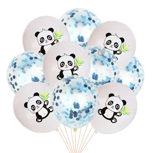 Detail view of panda print balloons and transparent balloons with blue sequins for parties