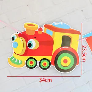 Detail showing cartoon train party banner size 34cm by 23.5cm with vibrant colors