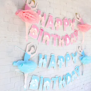 Ροζ και μπλε μπαλαρίνα Happy Birthday πανό με τρισδιάστατες χορεύτριες με τούτι