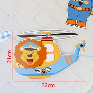 Detailed view of cartoon lion helicopter party decoration banner with dimensions 32x21cm