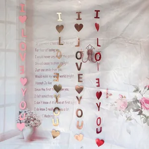 Vertical hanging banner with I LOVE YOU letters and hearts for romantic party decor