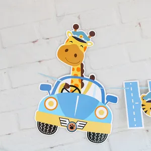 Close-up of a cartoon giraffe in a blue police car paper banner for kids party decor