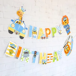 Cartoon animal police theme HAPPY BIRTHDAY banner hanging on a white brick wall