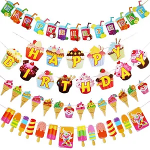 Banner Colorato per Feste a Tema Gelato Ghiacciolo Frutta Cupcake Happy Birthday Ghirlanda di Carta per Decorazione Compleanno