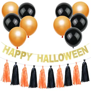 Kit de decoración de Halloween con pancarta dorada, globos negros naranjas y borlas de papel